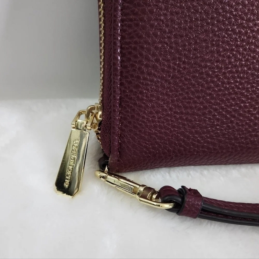 Liz Claiborne Erica Zip Around Faux Leather Gold Dark Wine Wristlet Wallet